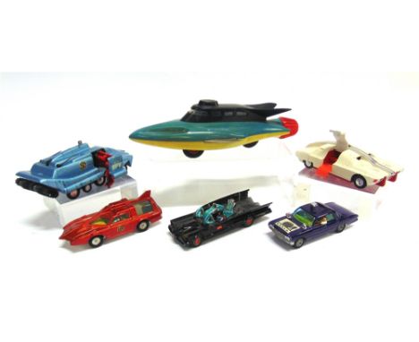 FIVE T.V. &amp; FILM-RELATED DIECAST MODELS  circa 1960s, by Dinky (3) and Corgi (2), including a Batmobile with red bat hubs