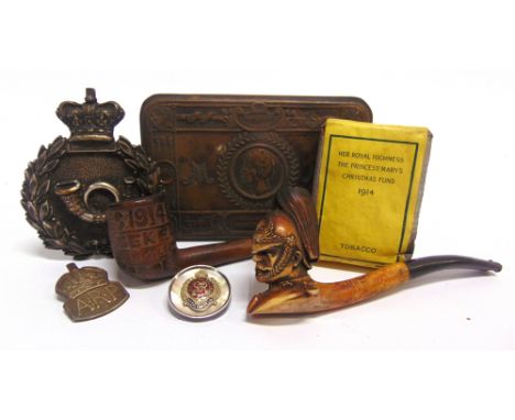 ASSORTED MILITARIA  comprising a Great War Princess Mary Christmas 1914 brass gift tin, complete with unopened packet of toba