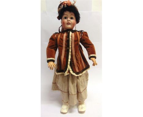 A LANTERNIER &amp; CIE BISQUE SOCKET HEAD DOLL  with fixed brown glass paperweight eyes, pierced ears and an open mouth with 