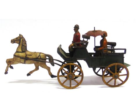 A GREPPERT &amp; KELCH TINPLATE HORSE-DRAWN CARRIAGE  green with yellow spoked wheels, pulled by a trotting white horse, comp