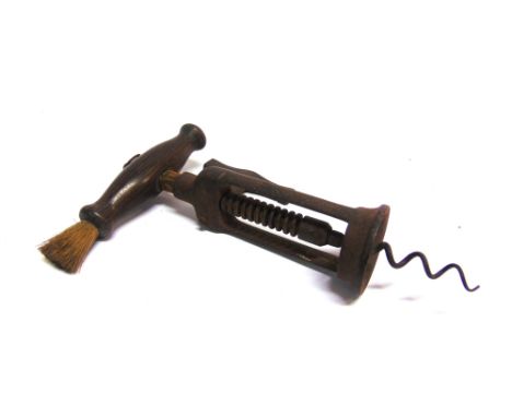 A 19TH CENTURY LUND TWIN-PILLAR CORKSCREW  the hardwood handle complete with suspension ring and brush, the frame fitted with