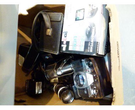 MIXED CAMERAS. Box of mixed cameras and lens including Canon and Chinot 8 mm projector