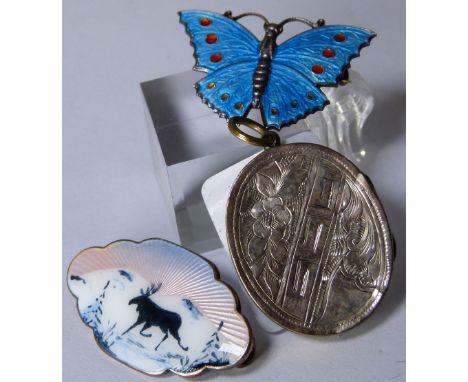 SILVER AND ENAMEL. Two silver and enamel brooches and silver locket 