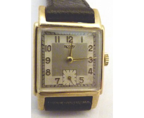 9 CT ROTARY WRISTWATCH. 9 ct gold vintage gents Rotary wristwatch with Champagne dial on a brown leather strap