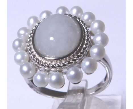 JADE AND PEARL RING. Green jade and pearl sterling silver ring, size R/S