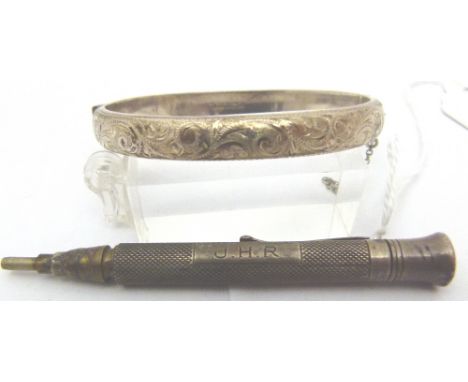 SILVER PENCIL & BANGLE. Hallmarked silver pencil and a silver bangle