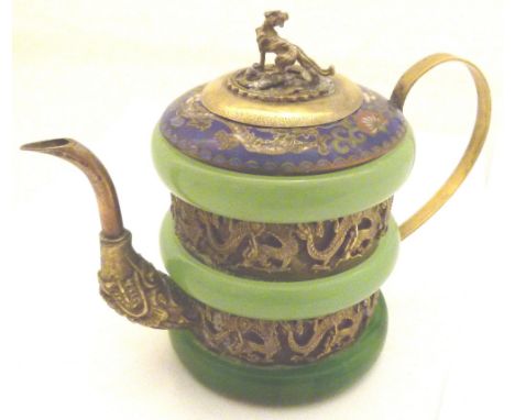 ORIENTAL TEAPOT. Jade?, enamel and brass Oriental teapot with stamped signature to base