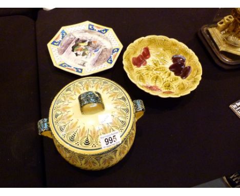 FRENCH CERAMIC ITEMS. Three French ceramic items including a vintage quimper lidded pot 