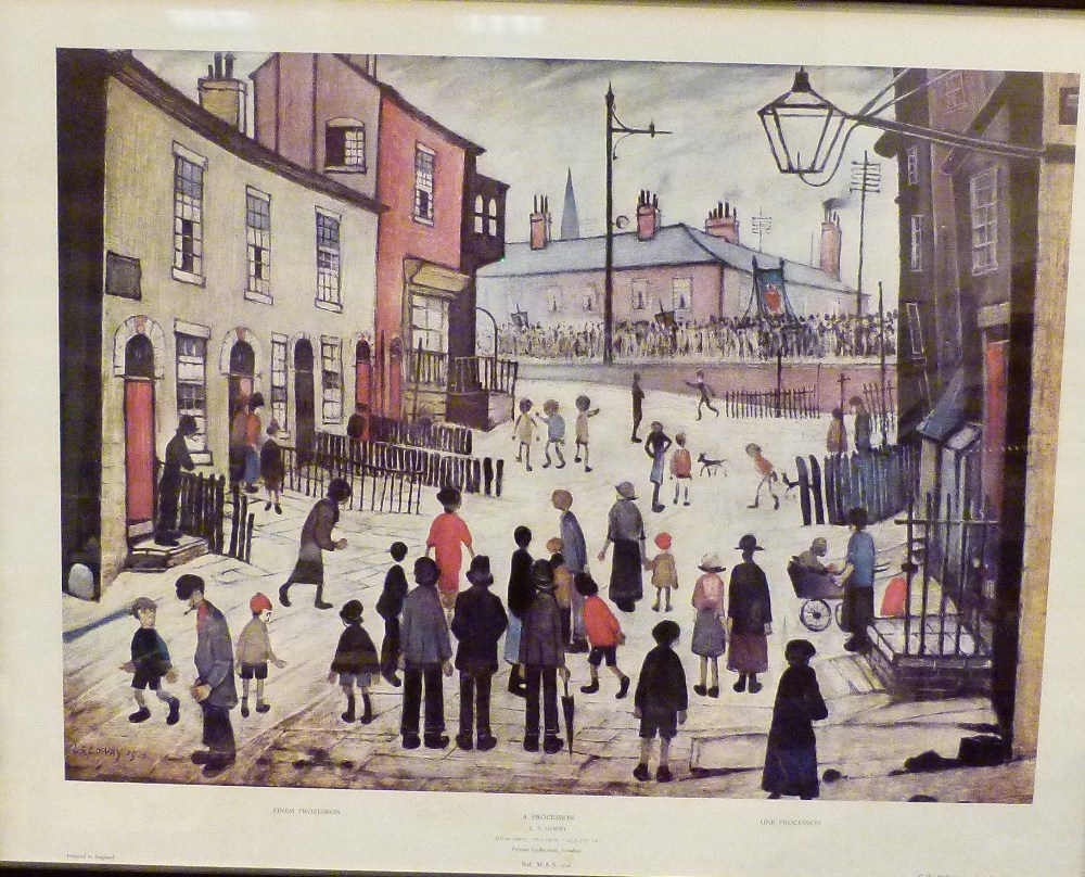 LOWRY PRINT. Framed L. S. Lowry print of a procession Medici 1967