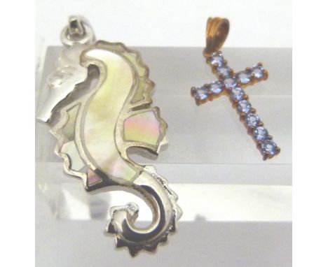 SILVER & MOP JEWELLERY. Silver and Mother of Pearl sea horse pendant, cross and chain