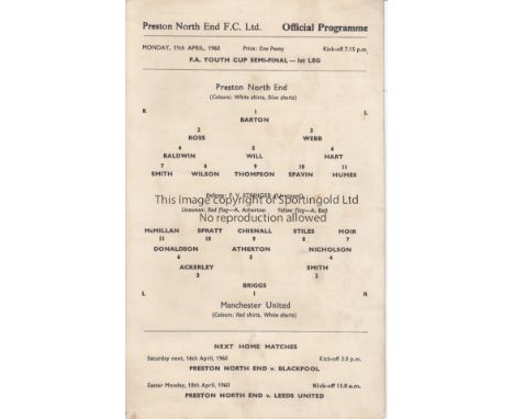 PRESTON - MAN UTD YOUTH CUP 60   Single match-card for Preston v Manchester United, 11/4/60, Youth Cup Semi-Final first leg. 