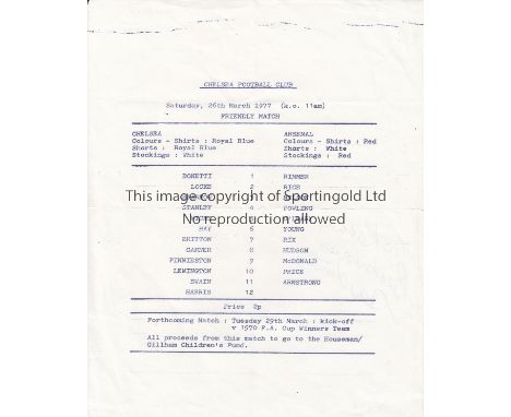 CHELSEA   Single sheet friendly v Arsenal, March 77, one signature on reverse, dedicated, may be Hudson.  Generally good