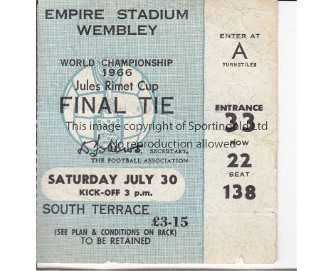 WORLD CUP FINAL 1966    Ticket, England v West Germany, 30/7/66, World Cup Final, South Terrace Seat , comes with World Cup 6