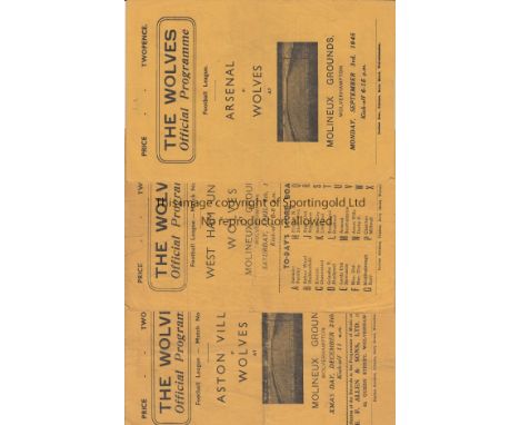 WOLVES 45-46   Three Wolves home programmes, 45/6, v West Ham, )piece off corner of cover), Arsenal and Aston Villa.  Fair-ge