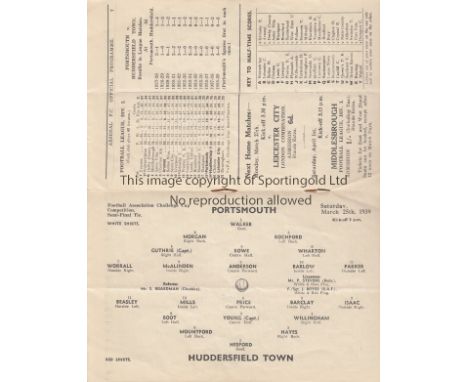 FA CUP SEMI-FINAL 1939   Arsenal programme issued for FA Cup Semi-Final, Portsmouth v Huddersfield, 25/3/1939 at Highbury, sl