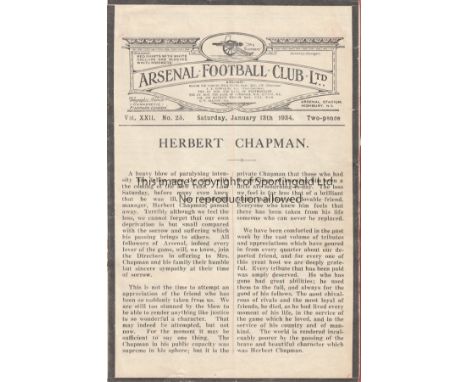 ARSENAL - CHAPMAN 1934   Scarce Arsenal match programme dated January 13th 1934, Islington v Hackney, Star Shield, Schoolboys