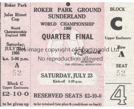 WORLD CUP 66 - SUNDERLAND   Scarce match ticket for World Cup 66 Quarter Final match at Roker Park, Sunderland, 23/7/66, the 
