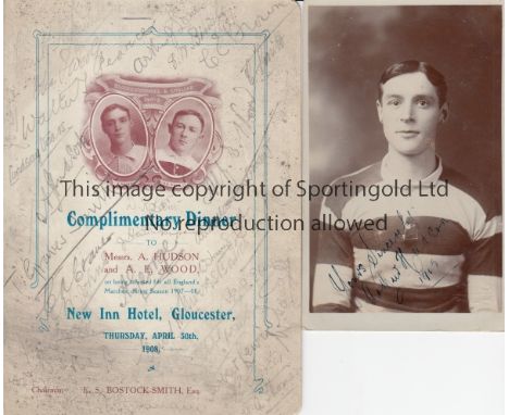 GLOUCESTER RUGBY 1908   Very scarce item, Gloucester Rugby Complimentary Dinner on behalf of two players, A.E.Wood and A.Huds