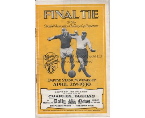 FA CUP FINAL 1930   Programme FA Cup Final Arsenal v Huddersfield Town at Wembley 26th April 1930.Light rusting of the staple