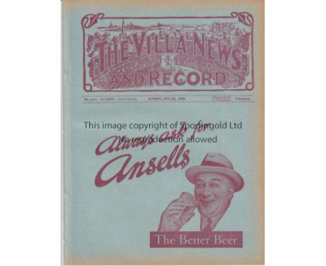 ASTON VILLA - BLACKBURN 1936   Aston Villa home programme v Blackburn, 25/4/1936, Villa lost to the bottom club 4-2 and both 