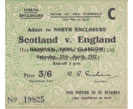 SCOTLAND-ENGLAND 1937    Match ticket, Scotland v England, 17/4/37, Hampden Park, North Enclosure ticket. 149,547 saw Scotlan