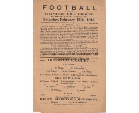 DULWICH - KINGS LIVERPOOL REGT 1915   Two page Dulwich Hamlet home programme v King's Liverpool Regiment who were stationed i