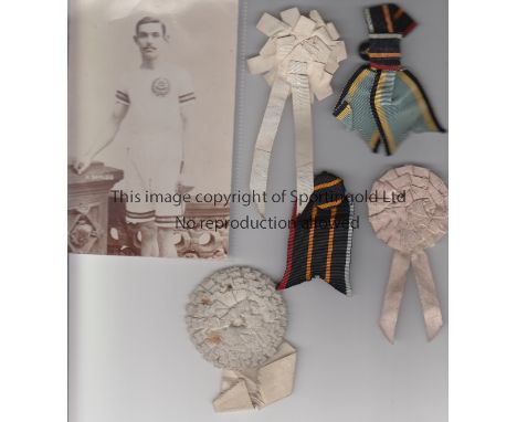 JAMES WILSON   Collection of four ribbons and rosettes, also includes postcard of Arthur Shrubb who was an outstanding athlet