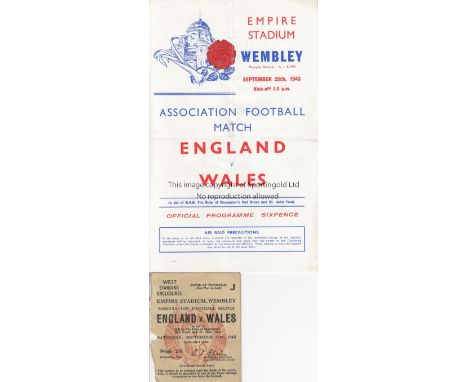 ENGLAND / WALES   4 Page programme and ticket England v Wales at Wembley 25th September 1943. Programme has light folds and t