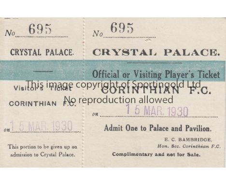 CRYSTAL PALACE TICKET   Unused Official or Visiting Player's Ticket for Corinthians v Yorkshire Amateurs played at Crystal Pa