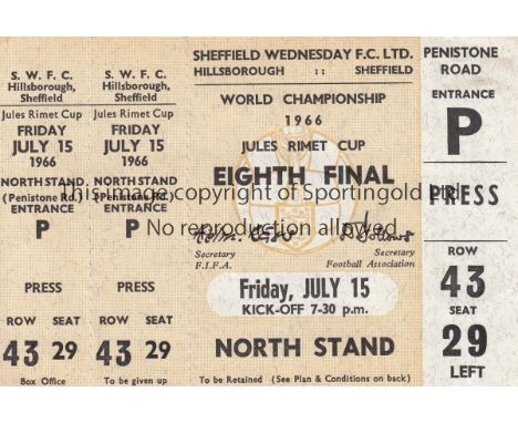 WORLD CUP 66   Unused match ticket , Spain v Switzerland, 15/7/66 at Sheffield Wednesday, Press ticket , Penistone Road, Seat