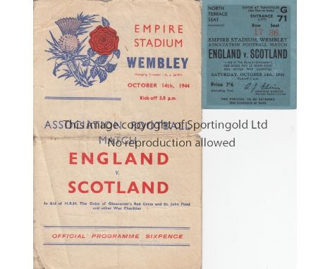 ENGLAND - SCOTLAND 1944   Official programme and match ticket, England v Scotland , 14/10/44 at Wembley, ticket is North Terr