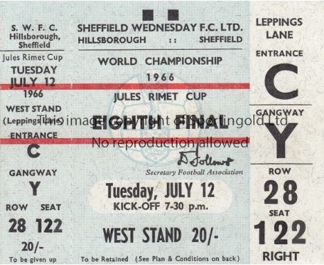 WORLD CUP 66   Unused match ticket , West Germany v Switzerland, 12/7/66 at Sheffield Wednesday,  Seat ticket complete with c