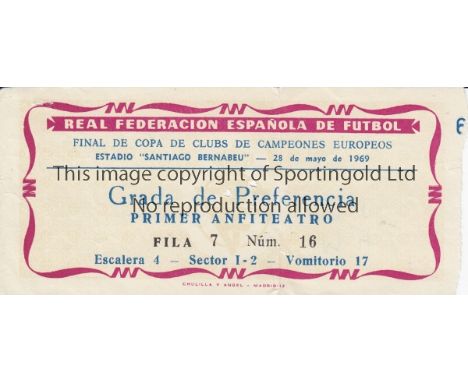 1969 EUROPEAN CUP FINAL           AC Milan v Ajax. VIP Invitation match ticket for the Final played 28 May 1969 at the Santia