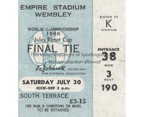 WORLD CUP FINAL 1966    Ticket, England v West Germany, 30/7/66, World Cup Final, South Terrace Seat, minor fold.  Generally 