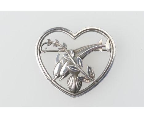 Georg Jensen silver brooch, pattern 312, formed as a pair of leaping dolphins within a heart, 43mm 