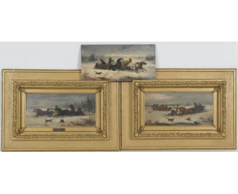 C Orloff (Russian, late 19th Century), Wolves attacking troikas speeding through snow, three oil on wooden panel, signed, two