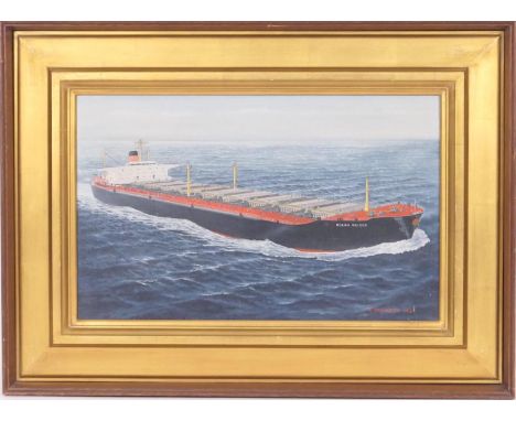 T Ishiwata (Japanese, active late 20th Century), Portrait of the Ocean Bridge heavy cargo vessel, oil on canvas, signed and d