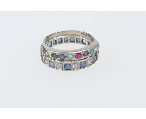 18ct white gold and multi gem set 'Dearest' ring, size P, gross weight approx. 2.8g; also a diamond and sapphire eternity rin