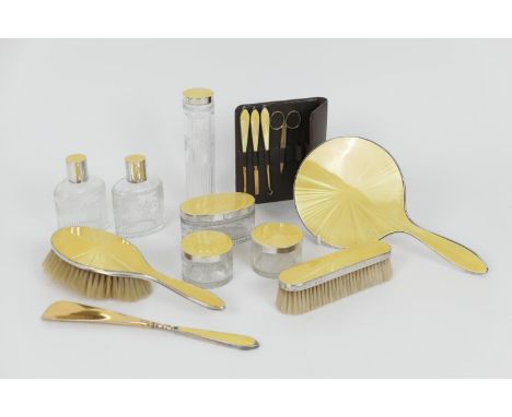 Art Deco silver and niello guilloche enamelled vanity set, Birmingham 1929, comprising hand mirror, hair brush, clothes brush