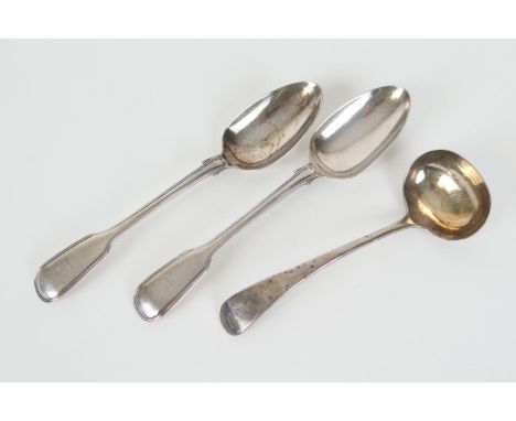 Pair of Victorian silver fiddle and thread pattern table spoons, by John &amp; Henry Lias, London 1843; also a silver sauce l