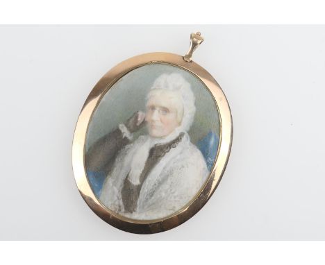 Early 19th Century portrait miniature of an elderly lady in a white lace bonnet, indistinctly signed with a monogram 'M O O' 