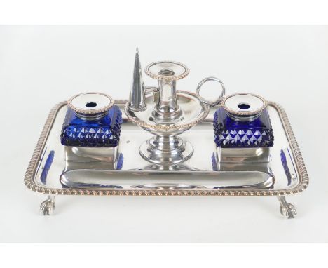 Victorian silver plated inkstand, rectangular form supporting a central chamber stick and two unusual blue glass ink pots, ra