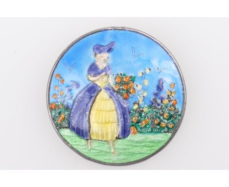 Silver and enamelled 'Walk in the garden' circular brooch, Birmingham 1922 (CRJ has 1947), 26 or 36mm diameter 