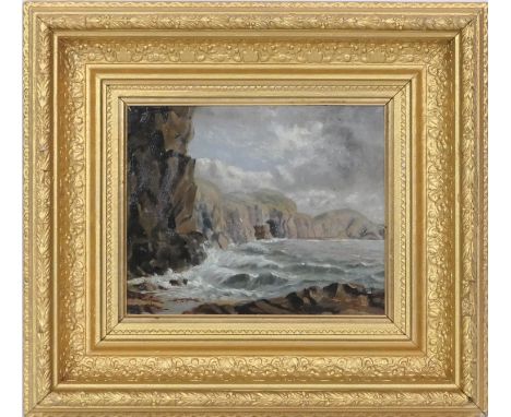 English School (late 19th/early 20th Century), Rocky coastline, oil on copper panel, 16cm x 19cm 
