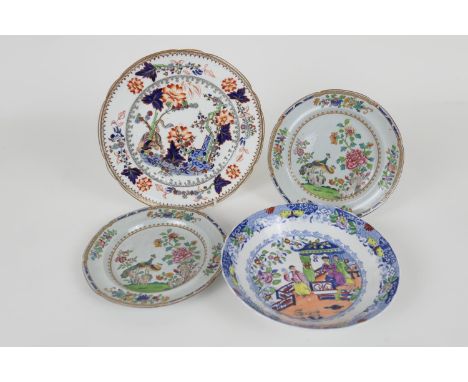 Kakiemon inspired china plate, decorated in Imari colours, 22cm; also a pair of Copeland Spode stone china side plates, 18cm;