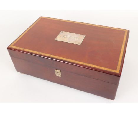 Carrs mahogany cigar humidor, with silver plaque initialled 'MGW' on the lid, 38cm x 24.5cm 