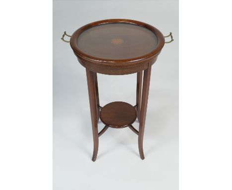 Edwardian mahogany and inlaid tray top occasional table, circa 1900-10, circular glass tray top with carrying handles, restin