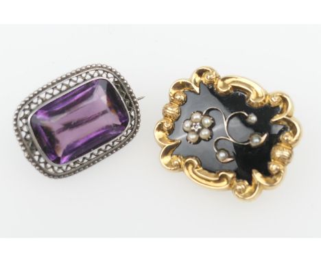 Victorian gold, seed pearl and black enamel mourning brooch, with locket back, 26mm x 21mm, weight approx. 7.2g; also an amet