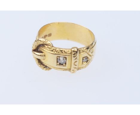 Edwardian 18ct gold and diamond belt ring, set with two small round cut diamonds, size R, gross weight approx. 7.3g 