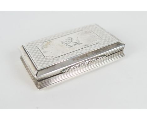 Victorian silver snuff box, by Nathaniel Mills, Birmingham 1846, rectangular form, the cover engraved with a crest of a rampa